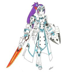 Size: 605x668 | Tagged: safe, artist:tvensnake, rarity, human, g4, armor, crossover, female, humanized, lance, monster hunter, shield, solo, traditional art, weapon