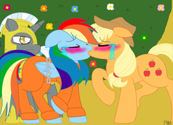 Size: 2520x1816 | Tagged: safe, artist:pokewarriormelodies, applejack, rainbow dash, earth pony, pegasus, pony, g4, blushing, bound wings, clothes, crying, female, jumpsuit, kiss on the lips, kissing, lesbian, mare, prison outfit, prisoner rd, royal guard, ship:appledash, shipping, trio, wings