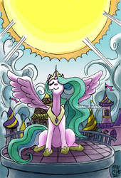 Size: 340x500 | Tagged: safe, artist:inuranma44, princess celestia, g4, canterlot, eyes closed, female, smiling, solo, sun