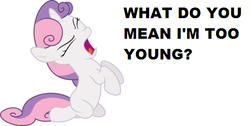 Size: 496x250 | Tagged: safe, sweetie belle, g4, all caps, angry, bronybait, denied, female, implications, implied foalcon, rejection, screaming, solo, text, yelling