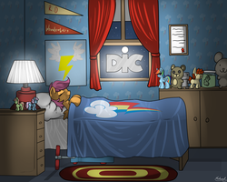 Size: 2500x2000 | Tagged: safe, artist:malamol, rainbow dash, scootaloo, twist, pony, g4, bed, blanket, carpet, closing logo, dic, eyes closed, female, filly, foal, high res, hilarious in hindsight, logo, logo parody, lying down, night, nostalgia, on back, pillow, plushie, poster, rainbow dash plushie, rainbow dash's cutie mark, scooter, signature, sleeping, solo, toy, window, wonderbolts logo