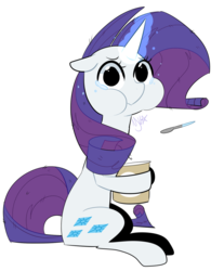 Size: 1024x1234 | Tagged: safe, artist:chandelurres, rarity, pony, unicorn, g4, :>, :t, comfort eating, crying, empty eyes, female, glowing horn, hoof hold, horn, ice cream, levitation, looking at you, magic, magic aura, mare, no iris, puffy cheeks, sad, simple background, solo, spoon, teary eyes, telekinesis, transparent background
