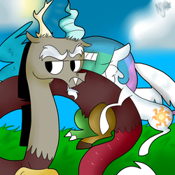 Size: 1024x1024 | Tagged: safe, artist:chandelurres, discord, princess celestia, alicorn, pony, g4, duo, female, grass, horn, hug, male, mare, ship:dislestia, shipping, straight, wings