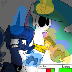 Size: 1024x1024 | Tagged: safe, artist:chandelurres, princess celestia, princess luna, alicorn, pony, gamer luna, g4, alternate hairstyle, banana, controller, drinking, female, food, friendship is magic bitch, frustrated, horn, magic, mare, video game, wings