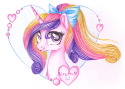 Size: 2969x2126 | Tagged: safe, artist:vird-gi, princess cadance, g4, female, hair bow, high ponytail, high res, looking at you, ponytail, smiling, solo, traditional art