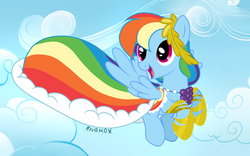 Size: 4000x2500 | Tagged: safe, artist:vird-gi, rainbow dash, pegasus, pony, g4, the best night ever, clothes, dress, female, flying, gala dress, happy, open mouth, solo