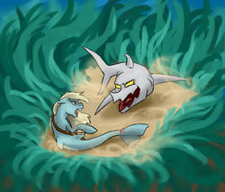 Size: 500x426 | Tagged: artist needed, source needed, safe, oc, oc only, sea pony, shark, ask-a-whiteshark, duel, fight, underwater