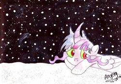 Size: 3483x2424 | Tagged: safe, artist:grocerystorephobic, twilight sparkle, alicorn, pony, g4, corrupted, corrupted twilight sparkle, curved horn, dark magic, female, high res, horn, magic, mare, sad, snow, snowfall, solo, sombra eyes, traditional art, twilight sparkle (alicorn)