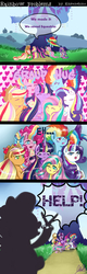 Size: 800x2500 | Tagged: safe, artist:kitsunehino, applejack, fluttershy, pinkie pie, rainbow dash, rarity, spike, twilight sparkle, alicorn, pony, g4, comic, female, hue, mane seven, mane six, mare, rainbow power, scissors, tangled up, twilight sparkle (alicorn)