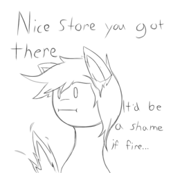 Size: 1200x1200 | Tagged: safe, artist:tipsie, oc, oc only, oc:blaze, :i, blackmail, fire, monochrome, solo, thats a nice x you have there