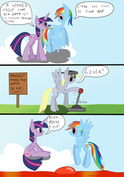 Size: 2866x4083 | Tagged: safe, artist:iados, derpy hooves, rainbow dash, twilight sparkle, alicorn, pegasus, pony, g4, boatmurdered, cloud, comic, dwarf fortress, eye contact, female, flying, frown, helmet, lava, lever, lidded eyes, looking at each other, mare, open mouth, pan, pan helmet, sign, sitting, smiling, speech bubble, spread wings, this will end in fire, too dumb to live, twilight sparkle (alicorn), wings, worried