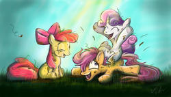 Size: 2699x1530 | Tagged: safe, artist:mad munchkin, apple bloom, scootaloo, sweetie belle, g4, cute, cutie mark crusaders, dirty, mud