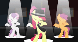 Size: 640x347 | Tagged: safe, artist:animatedjames, apple bloom, scootaloo, sweetie belle, earth pony, pegasus, pony, unicorn, g4, animated, beat it, bipedal, clothes, cutie mark crusaders, dancing, female, hat, michael jackson, michelle creber, vest, youtube link