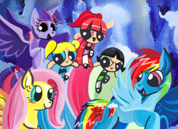 Size: 684x497 | Tagged: safe, artist:aurora-chiaro, fluttershy, rainbow dash, twilight sparkle, alicorn, pony, g4, blossom (powerpuff girls), bubbles (powerpuff girls), buttercup (powerpuff girls), female, mare, the powerpuff girls, twilight sparkle (alicorn)