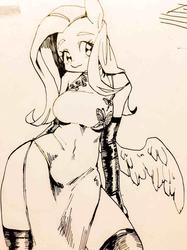 Size: 1023x1365 | Tagged: dead source, safe, artist:hotomura, fluttershy, anthro, g4, breasts, busty fluttershy, cheongsam, clothes, contrapposto, evening gloves, female, gloves, long gloves, monochrome, side slit, socks, solo, thigh highs, traditional art, vacuum sealed clothing, waist wings