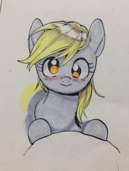 Size: 600x800 | Tagged: safe, artist:hotomura, derpy hooves, pegasus, pony, g4, blushing, cute, female, looking at you, mare, solo, traditional art