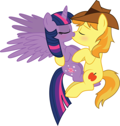 Size: 3992x4186 | Tagged: safe, artist:benybing, braeburn, twilight sparkle, alicorn, pony, g4, blushing, crack shipping, cuddling, eyes closed, female, holding hooves, kiss on the lips, kissing, male, mare, shipping, simple background, snuggling, spread wings, straight, transparent background, twiburn, twilight sparkle (alicorn), vector
