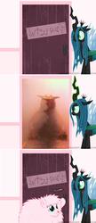 Size: 649x1497 | Tagged: safe, artist:mixermike622, queen chrysalis, oc, oc:fluffle puff, changeling, changeling queen, earth pony, pony, g4, door, female, fluffle puff's closet, ghostbusters, meme, terror dog, zuul