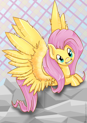 Size: 1748x2480 | Tagged: safe, artist:sugarcubecake, fluttershy, g4, female, smiling, solo, spread wings