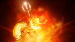 Size: 1920x1080 | Tagged: safe, artist:itchykitchy, artist:lugiponi, applejack, earth pony, pony, g4, female, fire, lens flare, solo, trident, vector, wallpaper, warrior