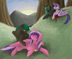 Size: 1305x1071 | Tagged: safe, artist:risketch, twilight sparkle, oc, oc:starlight, oc:tyke, alicorn, changeling, pony, g4, alicorn oc, green changeling, offspring, parent:oc:courageous heart, parent:queen chrysalis, parent:twilight sparkle, parents:canon x oc, twilight sparkle (alicorn)