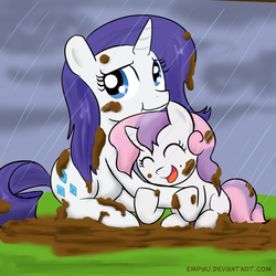 Size: 1000x1000 | Tagged: safe, artist:empyu, rarity, sweetie belle, pony, unicorn, g4, 30 minute art challenge, dirty, duo, female, mud, rain, sisters, wet, wet mane