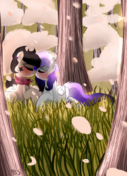 Size: 1800x2500 | Tagged: safe, artist:misspolycysticovary, oc, oc only, pegasus, pony, blushing, duo, earring, eyes closed, female, grass, kissing, lesbian, petals, prone, smiling, tree