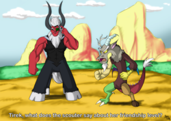 Size: 1200x851 | Tagged: safe, artist:brainsucks, discord, lord tirek, g4, crossover, dialogue, dragon ball, dragon ball z, frown, glare, meme, muscles, open mouth, over 9000, parody, scouter, vegeta