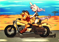 Size: 990x700 | Tagged: safe, artist:nitronic, applejack, oc, oc:floating s petal, g4, belly button, desert, easy rider, front knot midriff, midriff, motorcycle, road trip