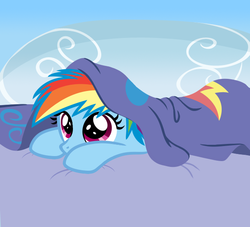 Size: 600x544 | Tagged: safe, artist:sketchyjackie, rainbow dash, pony, g4, bed, blanket, cute, dashabetes, female, filly, filly rainbow dash, hnnng, image macro, lazy, looking up, meme, my little filly, peeking, prone, solo, younger