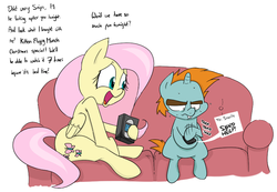 Size: 926x640 | Tagged: safe, artist:shoutingisfun, fluttershy, snips, earth pony, pegasus, pony, g4, babysitting, couch, phone, pure unfiltered evil, texting, vhs, video