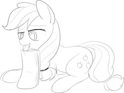 Size: 911x681 | Tagged: safe, artist:mcsadat, applejack, g4, female, grayscale, licking, missing accessory, monochrome, prone, solo, tongue out