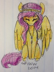 Size: 836x1105 | Tagged: safe, artist:wonderwaifu, fluttershy, g4, eyes closed, female, lined paper, necklace, sitting, solo, traditional art, wreath