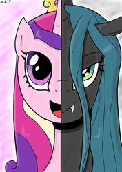 Size: 1240x1754 | Tagged: dead source, safe, artist:sonikku001, princess cadance, queen chrysalis, alicorn, changeling, changeling queen, pony, g4, crown, fangs, female, green eyes, jewelry, looking at you, multicolored hair, purple eyes, regalia, smiling, smiling at you