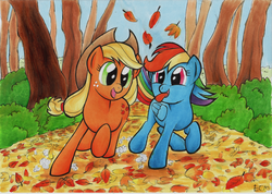 Size: 2000x1420 | Tagged: safe, artist:ecmonkey, applejack, rainbow dash, fall weather friends, g4, running of the leaves, traditional art