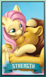 Size: 901x1498 | Tagged: safe, artist:pixel-prism, fluttershy, big cat, lion, pegasus, pony, g4, animal, female, hug, simple background, smiling, solo, tarot