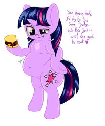 Size: 1600x1920 | Tagged: dead source, safe, artist:php33, twilight sparkle, semi-anthro, g4, belly button, chest fluff, chubby, chubby twilight, eating, fat, female, omnivore twilight, solo, that pony sure does love burgers, twilard sparkle, twilight burgkle, weight gain
