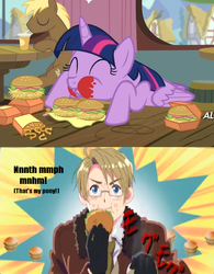 Size: 764x980 | Tagged: safe, twilight sparkle, alicorn, pony, g4, female, hetalia, mare, meme, that pony sure does love burgers, that's my x, twilight burgkle, twilight sparkle (alicorn), united states