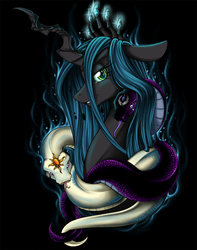 Size: 985x1250 | Tagged: safe, artist:longinius, queen chrysalis, changeling, changeling queen, snake, g4, female, looking at you, smiling, smirk, solo