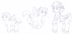 Size: 1504x699 | Tagged: safe, artist:voltrathelively, pegasus, pony, g1, g4, colt, kid icarus, kid icarus: of myth and monsters, kid icarus: uprising, monochrome, pit (kid icarus), ponified, style emulation, unshorn fetlocks