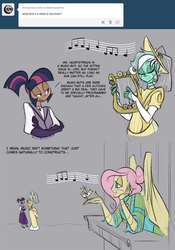 Size: 900x1288 | Tagged: safe, artist:egophiliac, fluttershy, lyra heartstrings, twilight sparkle, human, steamquestria, g4, ask, comic, cute, gray background, humanized, lyrabetes, music, simple background, singing, steampunk, tumblr