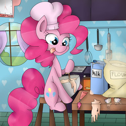 Size: 5500x5500 | Tagged: safe, artist:c-music-bone, pinkie pie, g4, absurd resolution, baking, bowl, chef's hat, cute, egg (food), female, flour, food, hat, milk, mixing, mixing bowl, solo, tongue out