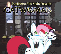 Size: 900x800 | Tagged: safe, artist:daisyhead, mitsy, opalescence, oc, oc:flicker, ponibooru film night, g4, catwoman