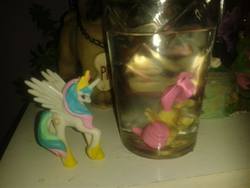 Size: 1280x960 | Tagged: safe, fluttershy, princess celestia, g4, flutterbuse, glass of water, photo, rage, shipping war, toy abuse, water