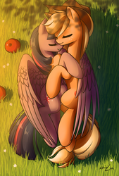 Size: 1215x1797 | Tagged: safe, artist:katputze, applejack, twilight sparkle, alicorn, pony, g4, cuddling, female, hug, lesbian, mare, ship:twijack, shipping, snuggling, sunset, twilight sparkle (alicorn), winghug