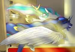 Size: 1280x896 | Tagged: safe, artist:backlash91, princess celestia, princess luna, g4, coffee, glomp, happy, hug, tackle