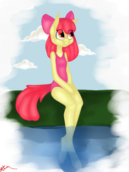 Size: 457x612 | Tagged: safe, artist:ridgessky, apple bloom, earth pony, anthro, g4, arm hooves, clothes, female, one-piece swimsuit, solo, swimsuit