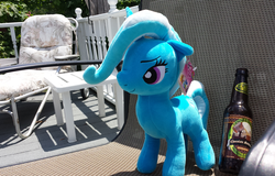 Size: 1000x641 | Tagged: safe, artist:onlyfactory, artist:pixelkitties, trixie, pony, unicorn, g4, beer, female, irl, mare, outdoors, photo, plushie, solo