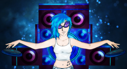 Size: 5489x3007 | Tagged: safe, artist:twitchygreyfox, dj pon-3, vinyl scratch, human, g4, female, homestuck reference, humanized, solo, speaker, tattoo