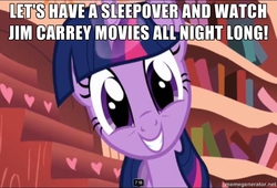 Size: 832x565 | Tagged: safe, twilight sparkle, g4, bronybait, female, image macro, jim carrey, let's have a sleepover and watch x, looking at you, meme, sleepover, solo